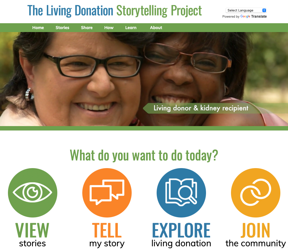 Living Donation Storytelling Project home page showing video and 4 buttons